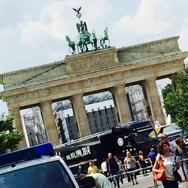 Brandenburg Gate with the open top bus/truck from the back. #worldcup2014