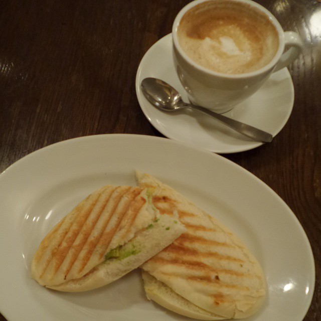 Cafe Latte and a shrimp avocado grilled sandwich. #tokyo