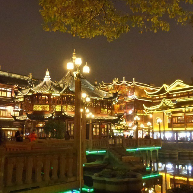 The old city center with its recreated Ming and Qing houses lit-up at night. #Shanghai