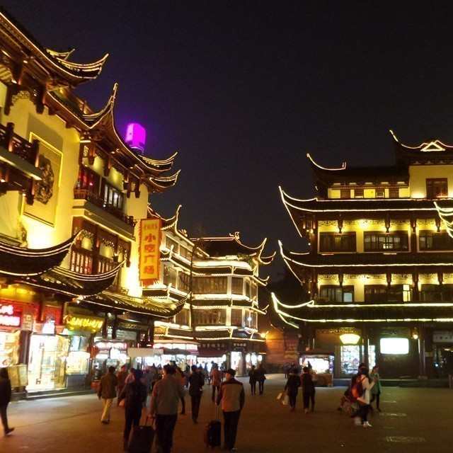 The old city center with its recreated Ming and Qing houses lit-up at night. #Shanghai