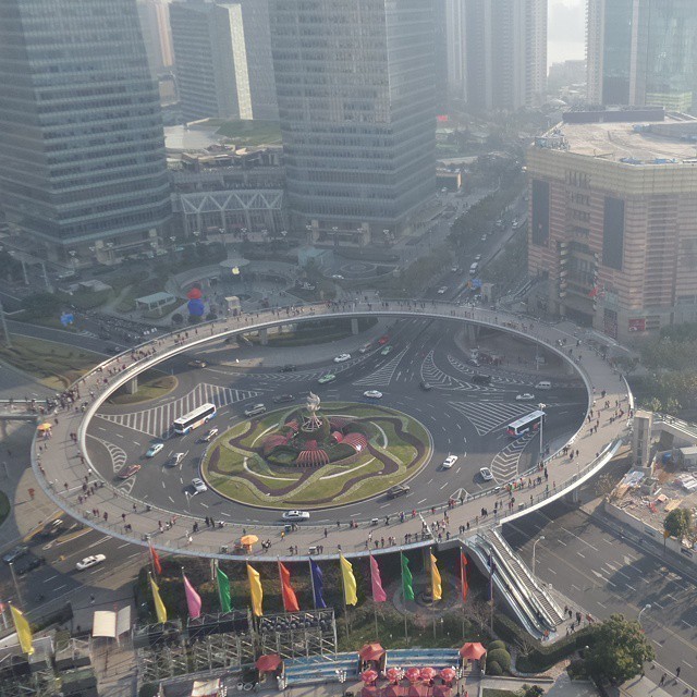 The top ring is the pedestrian crossing. Or pedestrian round-about? View from Oriental Pearl Tower. #Shangha