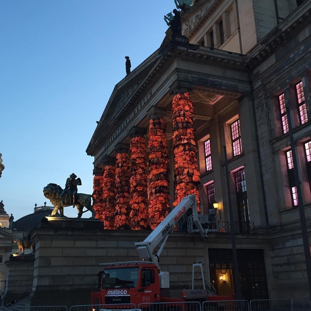 Ai WeiWei @aiww Memorial for refugees with 14k lifejackets Berlin Gendarmenmarkt